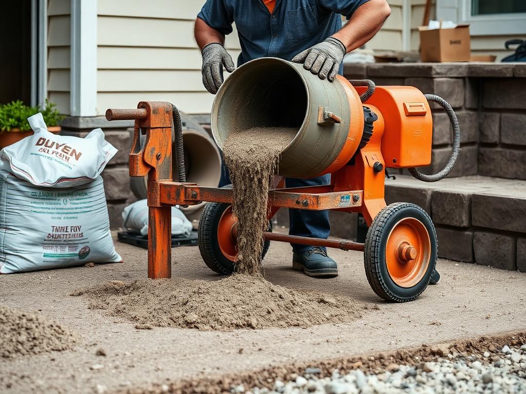 Handyman mixing concrete in a mixer beside sand and cement bags
