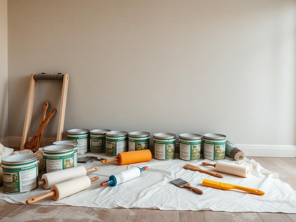 Paint tins, rollers, brushes and dust sheets in a room being decorated
