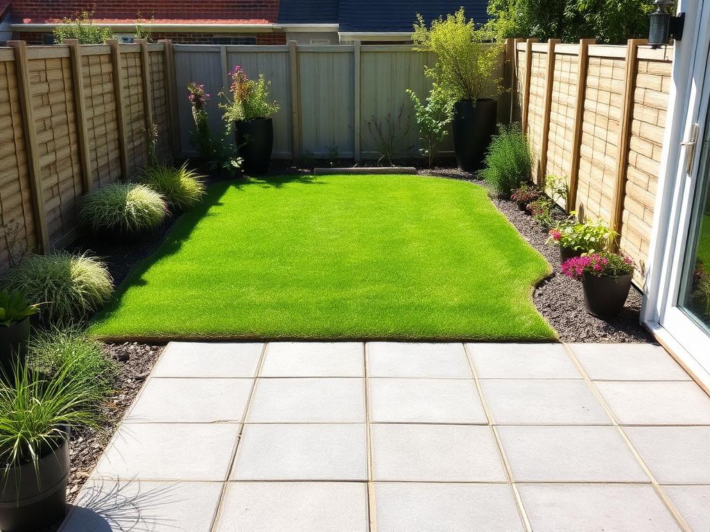 Same back garden after new paving slabs and fresh lawn were laid