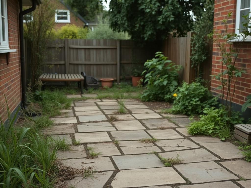 Overgrown back garden with cracked paving before the work started