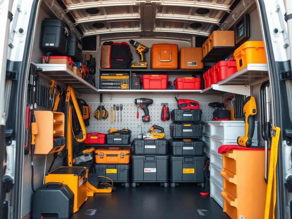 Organised handyman van interior with power tools and toolboxes