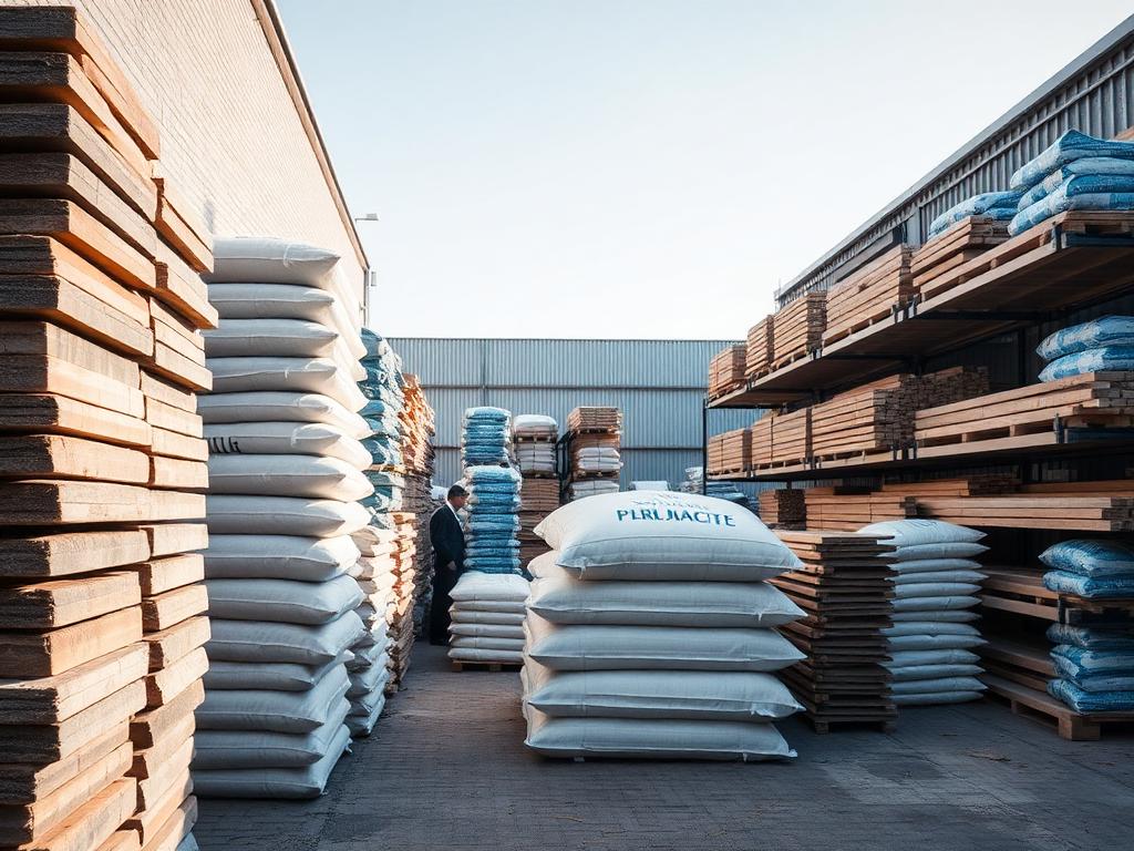 Builders merchant yard with paving slabs, cement bags and timber